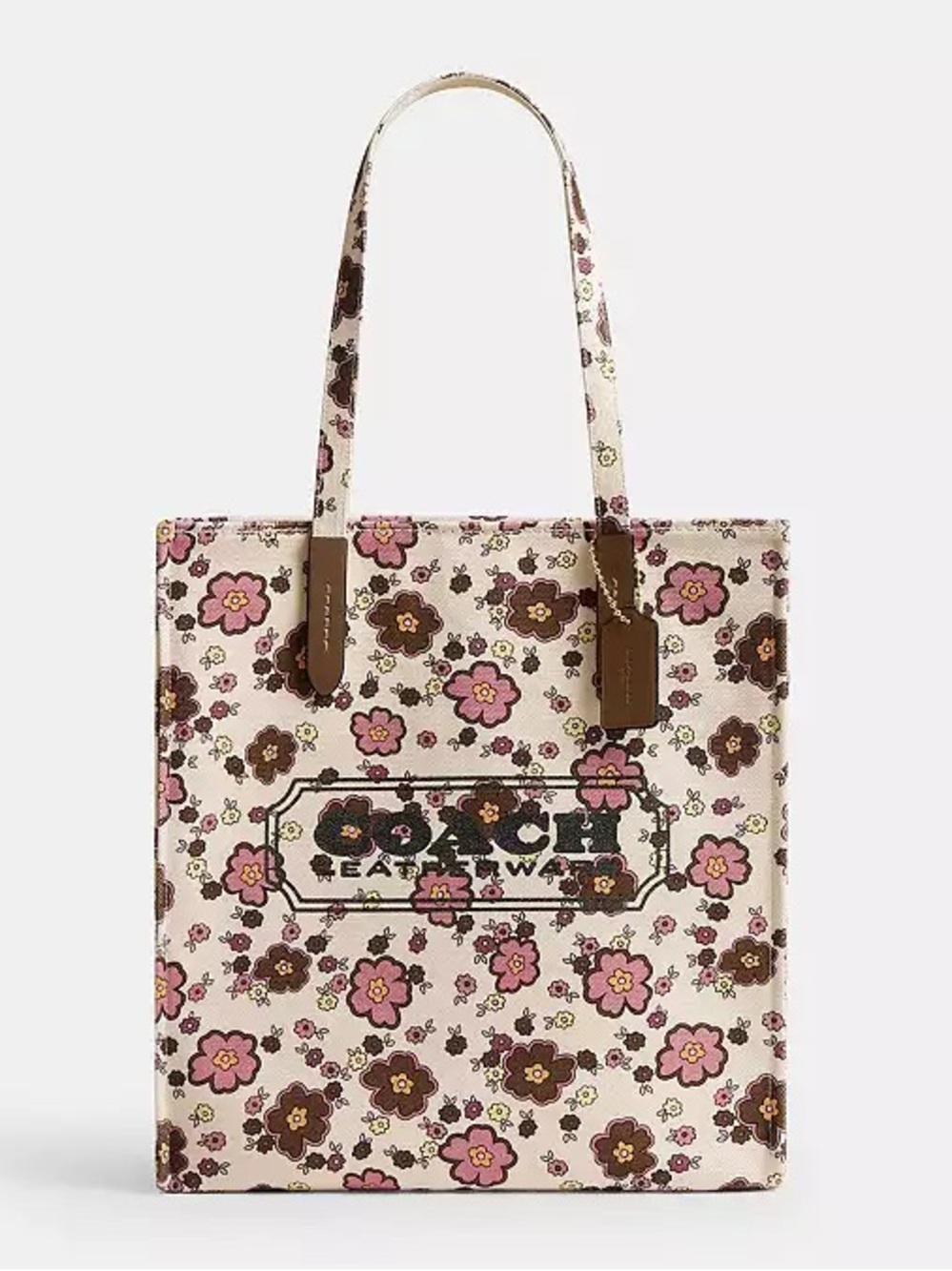 Coach Floral Print Tote Bag Gold/Chestnut Tropical Canvas & Smooth Leather NWT